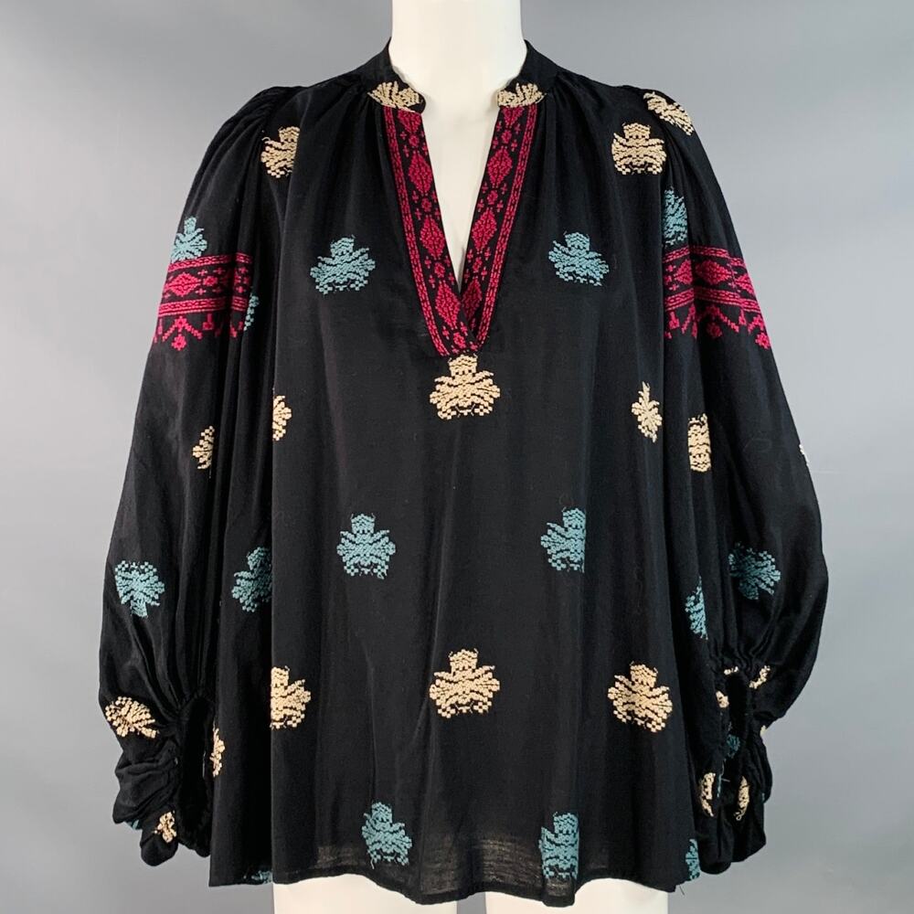 VANESSA BRUNO XS Black Multi Color Cotton Blend Embroidered V-Neck Tunic Blouse